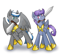 Size: 5669x5102 | Tagged: safe, artist:apple-crumbler, oc, oc only, oc:cloud zapper, oc:windy dripper, pegasus, pony, absurd resolution, armor, duo, male, mouth hold, royal guard, simple background, stallion, sword, transparent background, weapon