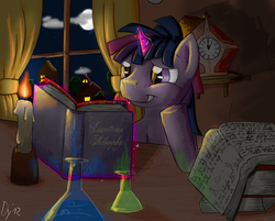 Size: 3018x2428 | Tagged: safe, artist:darkyosh, twilight sparkle, g4, book, candle, dusk shine, flask, night, rule 63