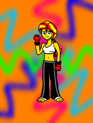 Size: 768x1024 | Tagged: safe, artist:bronymeister, sunset shimmer, equestria girls, g4, barefoot, belly button, boxing gloves, clothes, feet, martial arts, midriff, pants, sparring gloves, sports bra