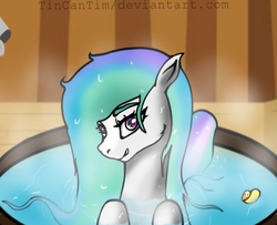 Size: 814x661 | Tagged: safe, artist:tincantim, princess celestia, g4, bathtub, female, missing horn, rubber duck, solo, spa, water, wet mane