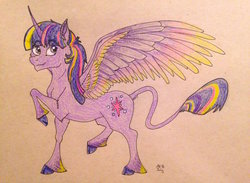 Size: 1280x938 | Tagged: safe, artist:ambergerr, twilight sparkle, alicorn, classical unicorn, pony, g4, cloven hooves, female, horn, leonine tail, rainbow power, solo, traditional art, twilight sparkle (alicorn), unshorn fetlocks