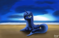 Size: 3400x2200 | Tagged: safe, artist:mcflurrylazermuffin, princess luna, g4, beach, cloud, female, high res, missing accessory, night, prone, solo