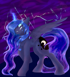 Size: 5482x6000 | Tagged: safe, artist:alex-scratch-17, princess luna, g4, absurd resolution, angry, female, floppy ears, fluffy, gritted teeth, lightning, magic, raised hoof, solo, spread wings