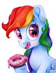 Size: 990x1280 | Tagged: dead source, safe, artist:vird-gi, rainbow dash, pegasus, pony, g4, cute, dashabetes, donut, female, food, looking at you, messy eating, open mouth, solo, traditional art