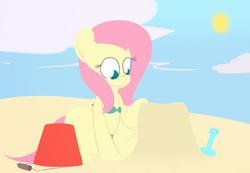 Size: 2442x1692 | Tagged: safe, artist:mr-degration, fluttershy, g4, beach, belly button, bikini, bucket, clothes, female, lineless, sand, sandcastle, shovel, sitting, solo, sun, swimsuit