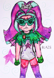 Size: 921x1326 | Tagged: safe, artist:blazingdazzlingdusk, aria blaze, equestria girls, g4, my little pony equestria girls: rainbow rocks, drawing, female, glasses, solo, superhero, traditional art