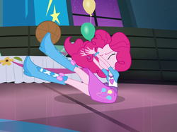 Size: 672x502 | Tagged: safe, screencap, pinkie pie, equestria girls, g4, my little pony equestria girls: rainbow rocks, shake your tail, balloon, basketball, boots, clothes, cropped, female, high heel boots, punch (drink), punch bowl, skirt, solo