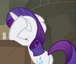 Size: 491x412 | Tagged: safe, screencap, rarity, pony, unicorn, g4, the saddle row review, bipedal, box, butt, cropped, female, floppy ears, hooves on ears, mare, plot, rearity, solo, stressed, this will not end well