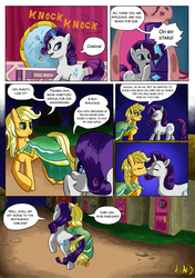 Size: 5504x7800 | Tagged: safe, artist:gogglespizano, applejack, rarity, pony, g4, absurd resolution, alternate hairstyle, clothes, comic, dress, female, kissing, lesbian, mare, ship:rarijack, shipping