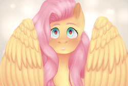 Size: 2560x1722 | Tagged: safe, artist:0sweetcoconut0, fluttershy, pegasus, pony, g4, blushing, bust, female, high res, looking at you, mare, open mouth, portrait, solo, spread wings, surprised, wings