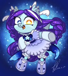 Size: 748x838 | Tagged: safe, artist:erica693992, oc, oc only, oc:featherstar, pony, bipedal, clothes, dress, heterochromia, solo, wingding eyes