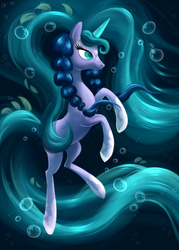 Size: 800x1120 | Tagged: safe, artist:bugiling, oc, oc only, pony, unicorn, blue eyes, blue mane, blue tail, bubble, crepuscular rays, digital art, ethereal mane, ethereal tail, female, flowing mane, flowing tail, horn, lidded eyes, mare, ocean, scales, seaweed, smiling, solo, sunlight, swimming, tail, underwater, water