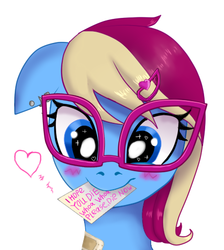 Size: 439x489 | Tagged: safe, artist:evescintilla, oc, oc only, oc:eve scintilla, adorkable, blushing, cute, dork, glasses, note