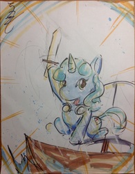 Size: 1770x2273 | Tagged: safe, artist:hyperbooster, oc, oc only, oc:sweetwater, pony, unicorn, boat, female, filly, goggles, ink, ocean, sword, traditional art, water, watercolor painting, weapon