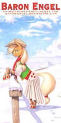 Size: 1000x2000 | Tagged: safe, artist:baron engel, applejack, earth pony, pony, g4, clothes, dress, female, pencil drawing, snow, solo, traditional art