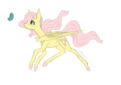 Size: 1024x715 | Tagged: safe, artist:loladotz, fluttershy, butterfly, g4, colored hooves, female, floating, looking at something, looking up, simple background, solo, spread wings, white background