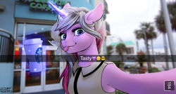 Size: 1712x918 | Tagged: safe, artist:8bitamy, oc, oc only, oc:honningbrew, pony, unicorn, armpits, caption, coffee, irl, magic, photo, selfie, snapchat, solo, starbucks, telekinesis, tongue out