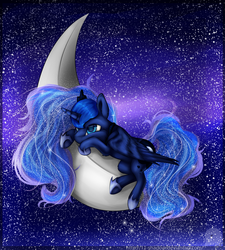 Size: 2473x2743 | Tagged: safe, artist:11-shadow, princess luna, g4, crescent moon, female, high res, moon, prone, solo, tangible heavenly object, transparent moon