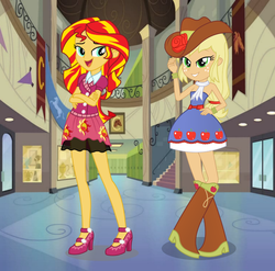 Size: 756x748 | Tagged: safe, artist:favoriteartman, artist:seahawk270, artist:themexicanpunisher, applejack, sunset shimmer, equestria girls, g4, base used, female, lesbian, ship:appleshimmer, shipping, vector