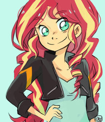 Size: 900x1053 | Tagged: safe, artist:caly-graphie, sunset shimmer, equestria girls, g4, blue background, clothes, cute, female, hand on hip, jacket, leather jacket, shimmerbetes, simple background, smiling, solo