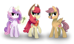 Size: 1232x732 | Tagged: safe, artist:aipacas, apple bloom, scootaloo, sweetie belle, g4, alternate cutie mark, cowboy hat, cutie mark crusaders, handkerchief, hat, magic, microphone, older, open mouth, simple background, white background