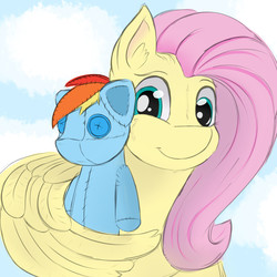 Size: 1500x1500 | Tagged: safe, artist:chapaevv, fluttershy, rainbow dash, g4, female, hug, plushie, rub, solo