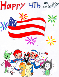 Size: 2059x2709 | Tagged: safe, artist:pokeneo1234, pound cake, pumpkin cake, temmie, g4, 4th of july, american flag, american independence day, annoying dog, crossover, fireworks, hello kitty, high res, katy, katy (unico), katy chao, mona, nanalan, raggedy andy, raggedy ann, sanrio, tem shop, undertale, unico