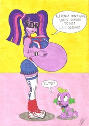 Size: 2465x3489 | Tagged: safe, artist:metaldudepl666, sci-twi, spike, spike the regular dog, twilight sparkle, dog, equestria girls, g4, alternate hairstyle, belly, big breasts, blushing, breasts, busty twilight sparkle, cheerleader, cheerleader outfit, cheerleader sparkle, crossover, female, fetish, glasses, high res, huge breasts, hyper, hyper pregnancy, impossibly large belly, inflation, lollipop chainsaw, looking at you, phantom pregnancy, preglight sparkle, pregnant, sneakers, sneakers fetish, teen pregnancy, voice actor joke