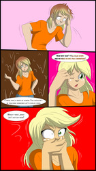 Size: 3508x6228 | Tagged: safe, artist:tfsubmissions, part of a set, applejack, human, comic:the mane attraction, equestria girls, g4, inspiration manifestation, brony, comic, convention, male to female, part of a series, possessed, rule 63, transformation, transgender transformation, water, wet