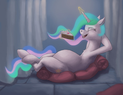 Size: 1920x1492 | Tagged: safe, artist:difetra, princess celestia, g4, abdominal bulge, armpits, belly, big belly, cake, cakelestia, cute, eating, female, food, food baby, implied stuffing, round belly, solo, stuffed, stuffed belly