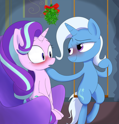 Size: 1024x1071 | Tagged: safe, artist:vincentjiang0v0, starlight glimmer, trixie, pony, unicorn, g4, blushing, female, lesbian, lidded eyes, looking at each other, mare, mistletoe, open mouth, ship:startrix, shipping, smiling, swing, wide eyes