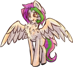 Size: 775x712 | Tagged: safe, artist:tiothebeetle, oc, oc only, oc:feather splash, behaving like a bird, chest fluff, impossibly large chest fluff, partially open wings, scrunchy face, solo, wings