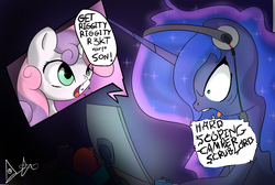 Size: 1226x826 | Tagged: safe, artist:jonathan the awesome, derpibooru exclusive, princess luna, sweetie belle, gamer luna, g4, computer, rick and morty