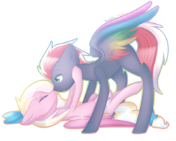 Size: 4267x3439 | Tagged: safe, artist:kurochhi, oc, oc only, pegasus, pony, female, hair bow, male, nuzzling, straight