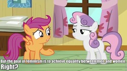Size: 960x539 | Tagged: safe, edit, edited screencap, screencap, scootaloo, sweetie belle, pegasus, pony, unicorn, bloom & gloom, g4, antifeminism, duo, female, feminism, filly, foal, image macro, impact font, meme, mouthpiece, scootaloo is wrong about everything