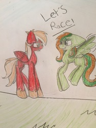 Size: 4032x3024 | Tagged: safe, oc, oc only, oc:blaze gust, oc:toxic pencil, pegasus, pony, female, flying, mare, traditional art