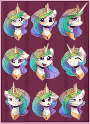 Size: 3165x4373 | Tagged: safe, artist:magnaluna, princess celestia, g4, :p, angry, annoyed, blushing, curious, cute, cutelestia, face, goofy, happy, high res, nervous, sad, serious face, sillestia, smiling, stern, tongue out