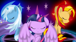 Size: 1920x1080 | Tagged: safe, artist:darkwolfmx, sunset shimmer, trixie, twilight sparkle, alicorn, pony, unicorn, g4, counterparts, eyes closed, female, floppy ears, magic circle, magical trio, mare, trio, trio female, twilight sparkle (alicorn), twilight's counterparts