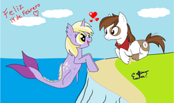 Size: 2155x1278 | Tagged: safe, artist:estevangel, dinky hooves, pipsqueak, earth pony, merpony, pony, g4, duo, female, heart, male, older, ship:dinkysqueak, shipping, spanish, straight