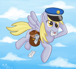Size: 1932x1747 | Tagged: dead source, safe, artist:eddiedodoman, derpy hooves, pegasus, pony, g4, cloud, female, food, hat, letter, mail, mare, muffin, solo