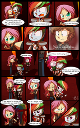 Size: 1024x1638 | Tagged: safe, artist:fj-c, fluttershy, pinkie pie, rainbow dash, equestria girls, g4, clothes, comic, dialogue, fantasy equestria, midriff, scar