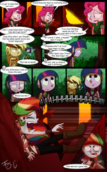 Size: 1024x1638 | Tagged: safe, artist:fj-c, applejack, pinkie pie, rainbow dash, rarity, equestria girls, g4, belly button, clothes, comic, dialogue, fantasy equestria, midriff, scar