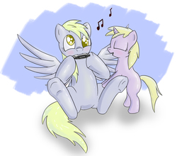 Size: 2000x1762 | Tagged: safe, artist:hieronymuswhite, derpy hooves, dinky hooves, pegasus, pony, g4, duo, equestria's best mother, female, harmonica, mare, mother and daughter, music notes, musical instrument, underhoof