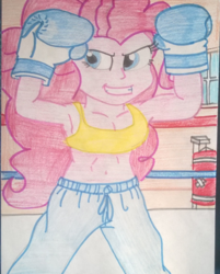 Size: 768x953 | Tagged: safe, artist:toyminator900, pinkie pie, equestria girls, g4, armpits, boxing gloves, boxing ring, punching bag, traditional art
