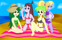 Size: 4519x2885 | Tagged: safe, artist:cyber-murph, cherry crash, cloudy kicks, sweet leaf, velvet sky, equestria girls, g4, ass, background human, beach, belly button, belly piercing, bellyring, bikini, breasts, busty cherry crash, busty sweet leaf, busty velvet sky, butt, cleavage, clothes, cloudy booty, ear piercing, earring, female, hand on hip, hat, jewelry, leaf, looking back, midriff, piercing, rear view, shorts, sports, sports bra, sports shorts, swimsuit, towel, volleyball