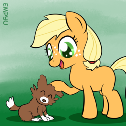 Size: 1000x1000 | Tagged: safe, artist:empyu, applejack, winona, dog, g4, 30 minute art challenge, cute, duo, female, filly, filly applejack, jackabetes, open mouth, puppy, winonabetes