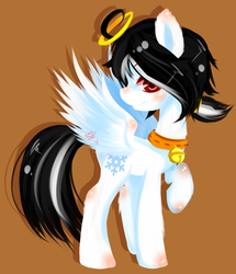 Size: 1024x1192 | Tagged: safe, artist:snow angel, oc, oc only, oc:snow angel, pegasus, pony, bell, bell collar, blushing, collar, digital art, male, ponytail, red eyes, rule 63, solo, spread wings