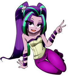 Size: 1100x1100 | Tagged: safe, artist:nekojackun, aria blaze, equestria girls, g4, bare shoulders, clothes, female, looking at you, open mouth, peace sign, sleeveless, smiling, solo, strapless, thigh gap, tube top
