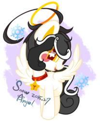 Size: 600x724 | Tagged: safe, artist:snow angel, oc, oc only, oc:snow angel, pegasus, pony, bell, bell collar, blushing, collar, digital art, female, snow, snowflake, solo, spread wings, starry eyes, wingding eyes, yellow eyes