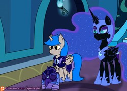 Size: 1280x914 | Tagged: safe, artist:spritepony, nightmare moon, oc, oc:sprite, alicorn, bat pony, pony, g4, the cutie re-mark, alicorn oc, alternate hairstyle, alternate timeline, armor, castle of the royal pony sisters, night guard, nightmare takeover timeline